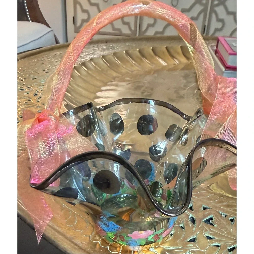 MacKenzie Childs Circus Collection Glass Basket Handpainted Ruffled Floral Bow